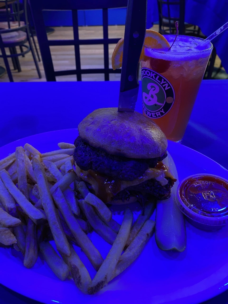 Burger and Fries in a Blue Room